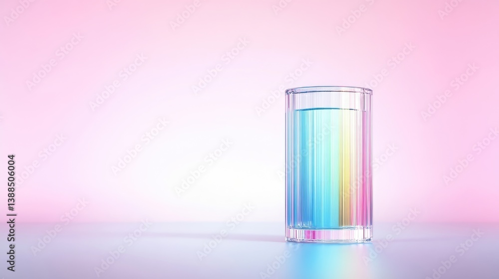 Glass of Rainbow Liquid Minimalist Style High-resolution Studio Lighting Center, Front View Ribbed Texture Hydration Concept Pastel Pink Background Soft, Dreamy Hues Website Banner Design Glass of Rainbow Liquid Minimalist Style High-resolution Studio Lighting Center, Front View Ribbed Texture Hydration Concept Pastel Pink Background Soft, Dreamy Hues Website Banner Design