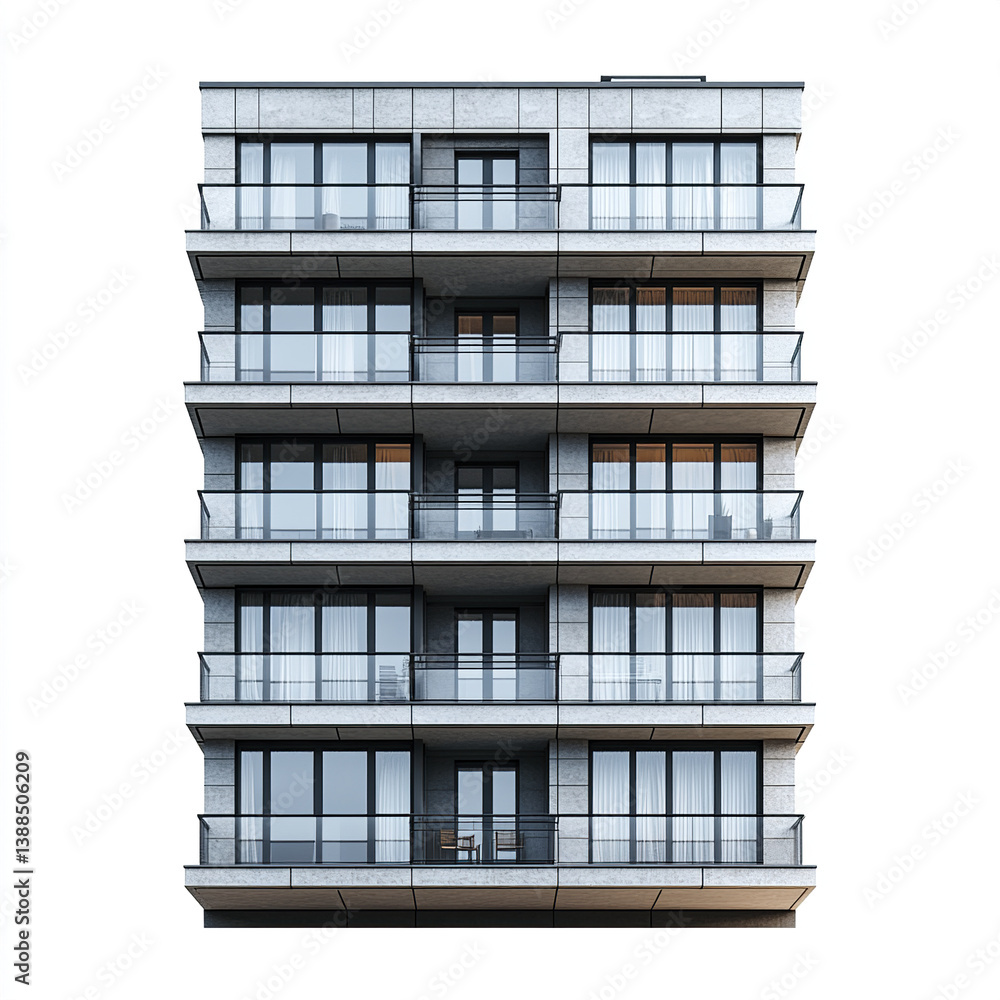Obraz premium Modern apartment building with balconies isolated on white background