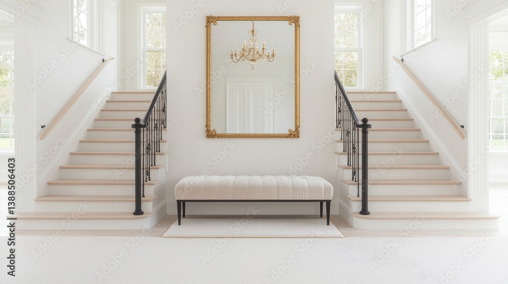 Obraz premium Symmetrical staircase hall with a bench and mirror