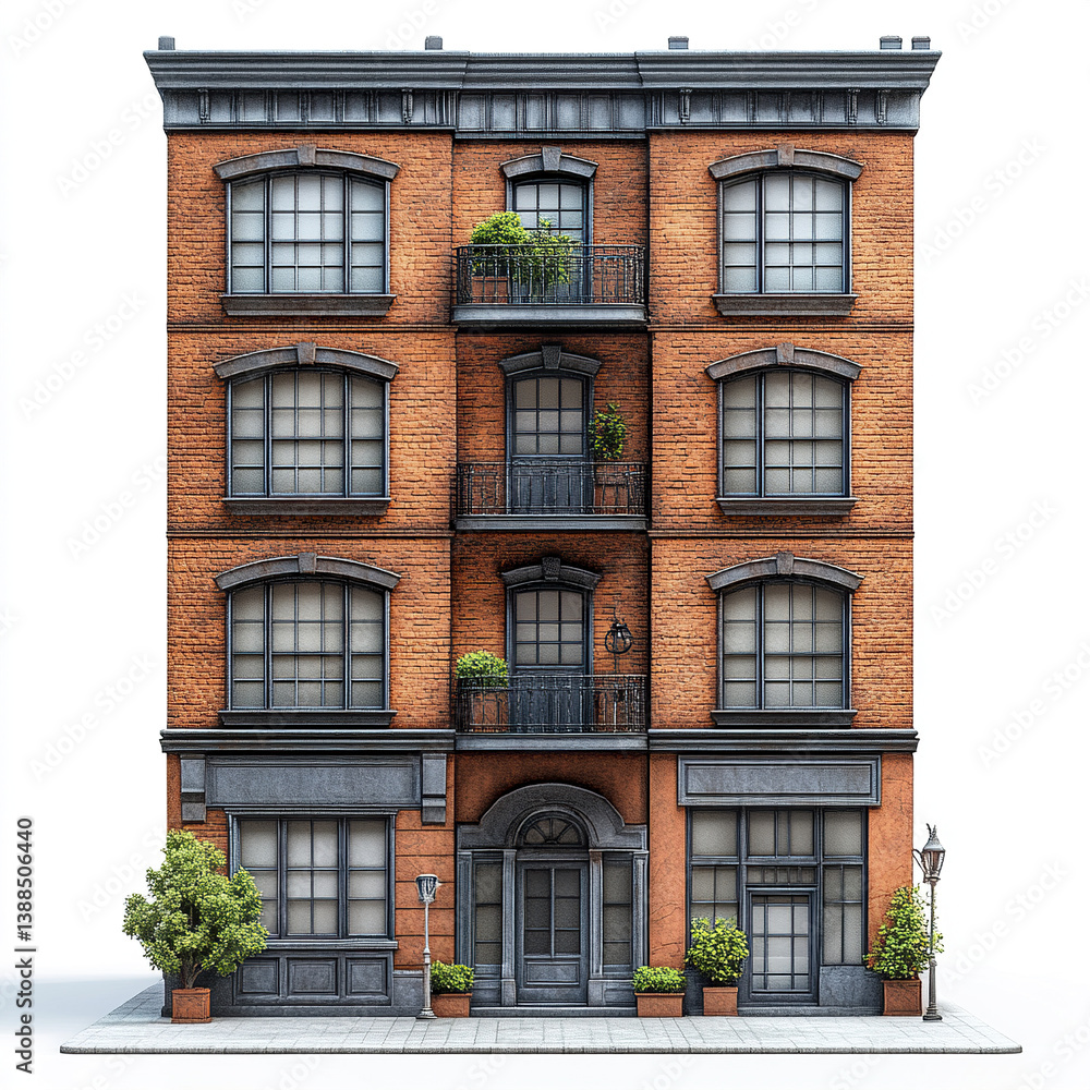 Fototapeta premium four story brick building with balconies and greenery