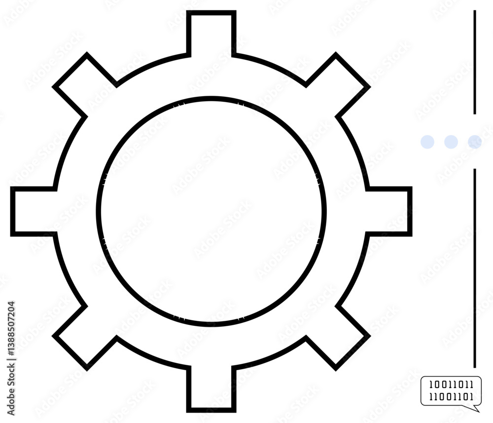 Gear with binary code and minimal dots symbolizes technology, automation, innovation. Ideal for technology, automation, coding, engineering, optimization, digital transformation flat simple metaphor Gear with binary code and minimal dots symbolizes technology, automation, innovation. Ideal for technology, automation, coding, engineering, optimization, digital transformation flat simple metaphor