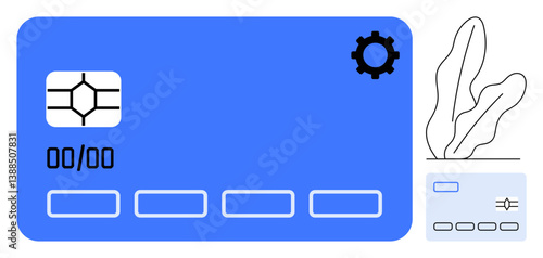 Credit card with chip, gear for customization, and plant outline ideal for finance, technology, e-commerce, digital payment, security, personalization business themes. Modern flat simple metaphor