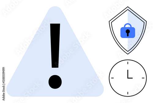 Exclamation mark in triangle, shield with blue lock, and clock icon communicate caution, security, and time management. Ideal for safety alerts, data protection, deadlines, urgency compliance