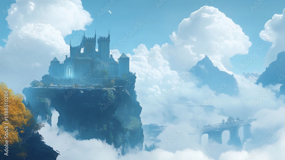 Fototapeta premium Fantastical Castle Perched High Above the Clouds, A Dreamy Vista