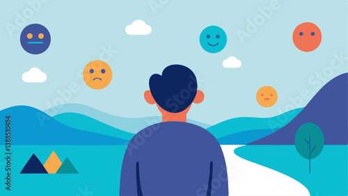 Invisible Wall A person looks out towards a beautiful landscape filled with emotion icons while being held back by an invisible wall representing the barriers created by emotional