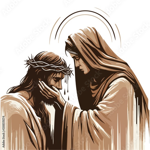 Veronica wipes the face of Jesus. vector illustration