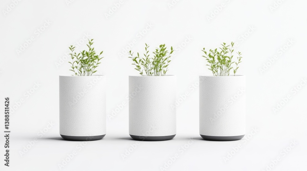Fototapeta premium Three small plants sprout from white cylindrical pots. The pots sit on a white surface, evenly spaced. The image is clean and minimalist, with bright lighting. The style is simple and modern. Muted