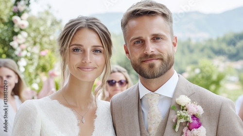 Couple smiles happily at wedding ceremony