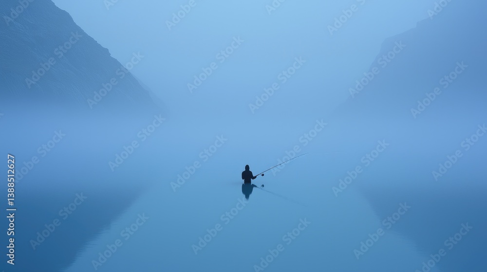Fototapeta premium Misty lake, solitary fisherman. A tranquil scene of a fisherman in a serene, foggy mountain lake