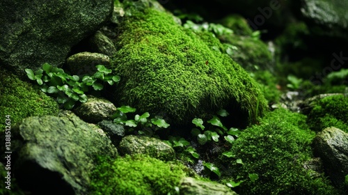 Lush green velvety damp moss clinging to rocks