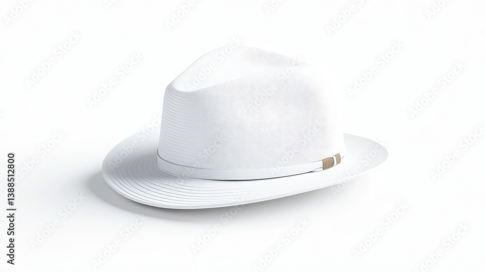 A white fedora hat, featuring a soft crown and a wide brim, is shown. The hat sits on a plain white background, creating a simple composition. The image is high-quality, with even lighting. The styl A white fedora hat, featuring a soft crown and a wide brim, is shown. The hat sits on a plain white background, creating a simple composition. The image is high-quality, with even lighting. The styl