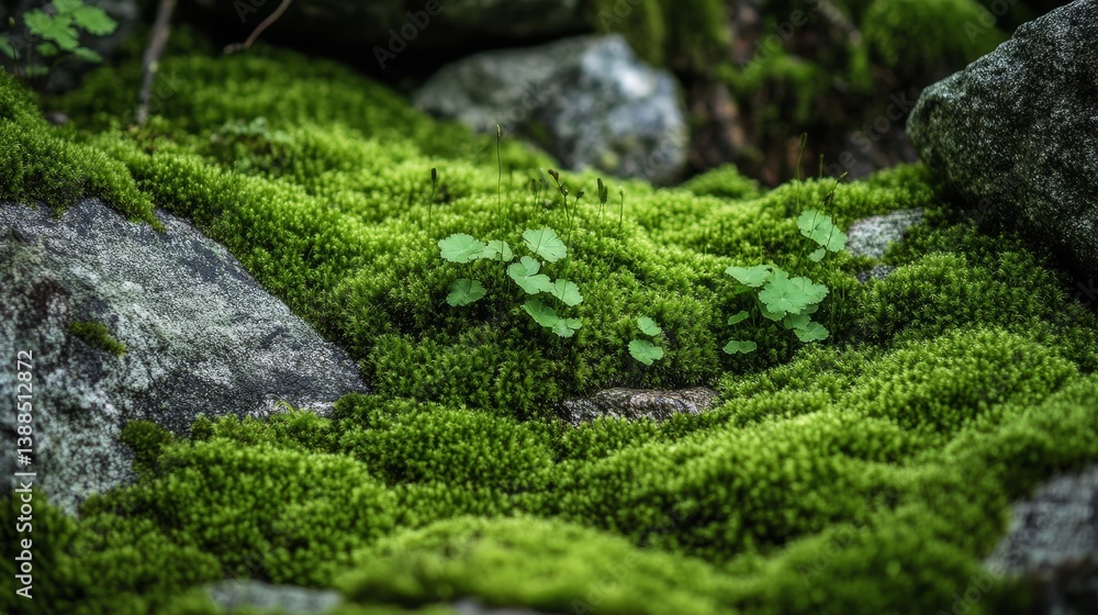 Lush green velvety damp moss clinging to rocks Lush green velvety damp moss clinging to rocks