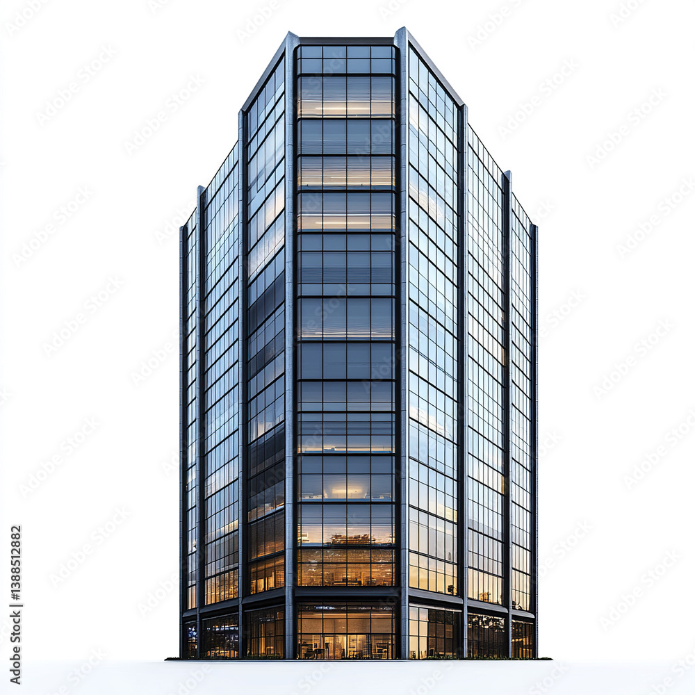 Obraz premium Tall office building with glass facade on white background. Modern architecture