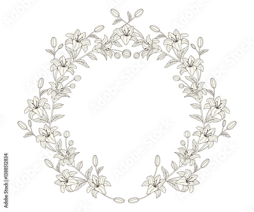 Circle frame with flowers. Hand drawn silhouette of botanical leaves. Decorations for wedding card.Tattoo outline. Branches. Line art. Wreaths. Clip art vector. Elements and borders. Isolated. Luxury