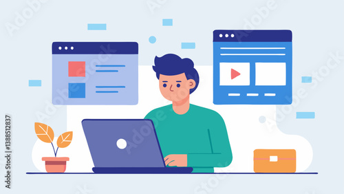 Digital Platform Development A consultant working on a laptop with a design mockup of a subscriptionbased website complete with user interfaces and subscription options shown on