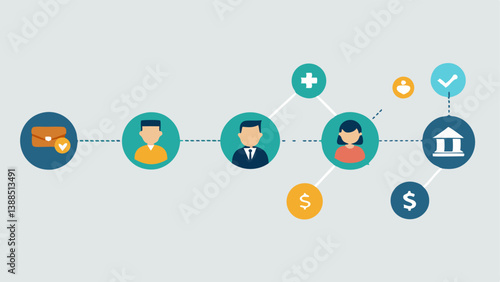 Connected Dots A series of connected dots representing timelines in an individuals life with each dot showing different careers and a savings symbol connecting all of them.