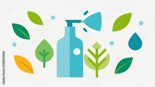 Nature Elements Icons of leaves and water molecules surrounding the spray bottle emphasizing the natural and hydrating aspects of the product.