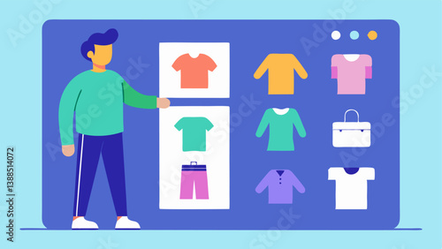 Digital Wardrobe An illustration of a digital wardrobe interface where avatars can browse through categorized clothing collections created by the designer with filters for styles