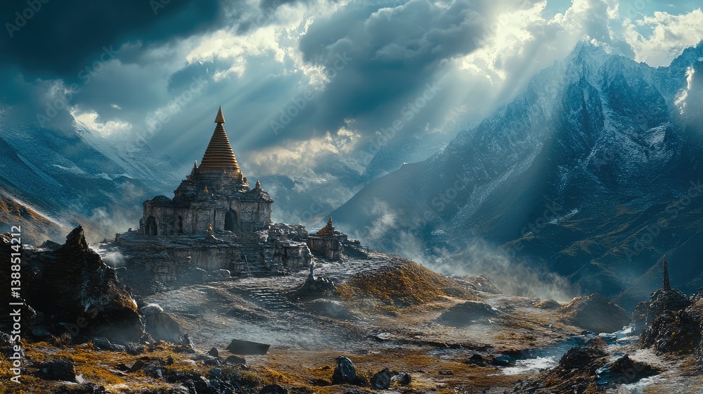 A stupa under a stormy sky, surrounded by rugged terrain, natural light breaking through clouds and providing ample space