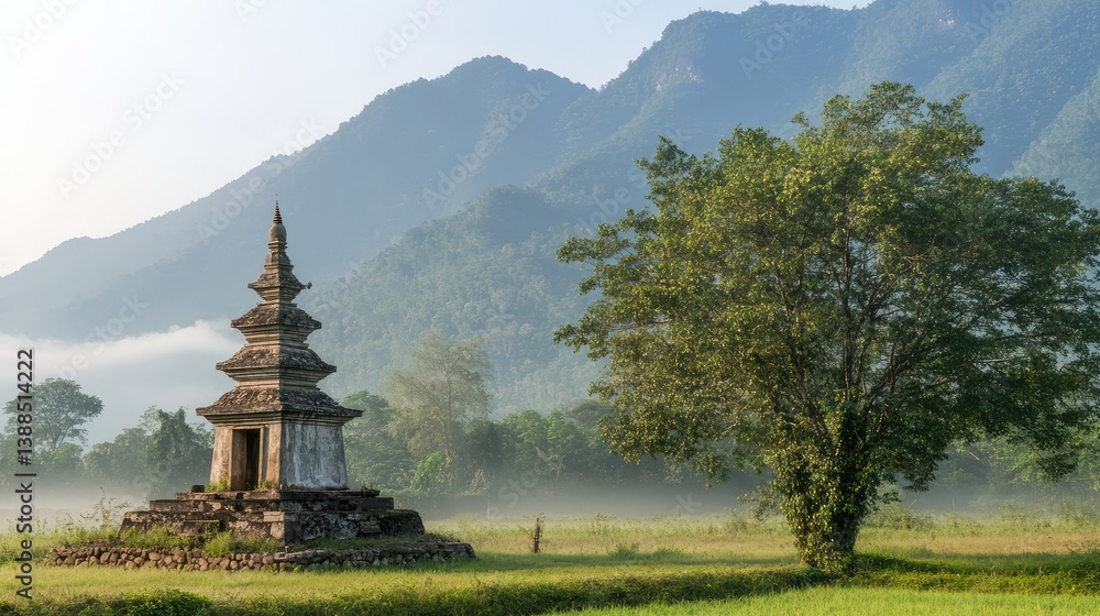 A stupa under the soft light of early morning, misty mountains in the background, surrounded by trees and calm atmosphere