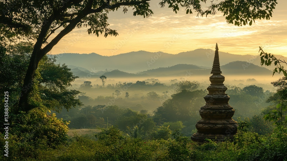 A stupa under the soft light of early morning, misty mountains in the background, surrounded by trees and calm atmosphere