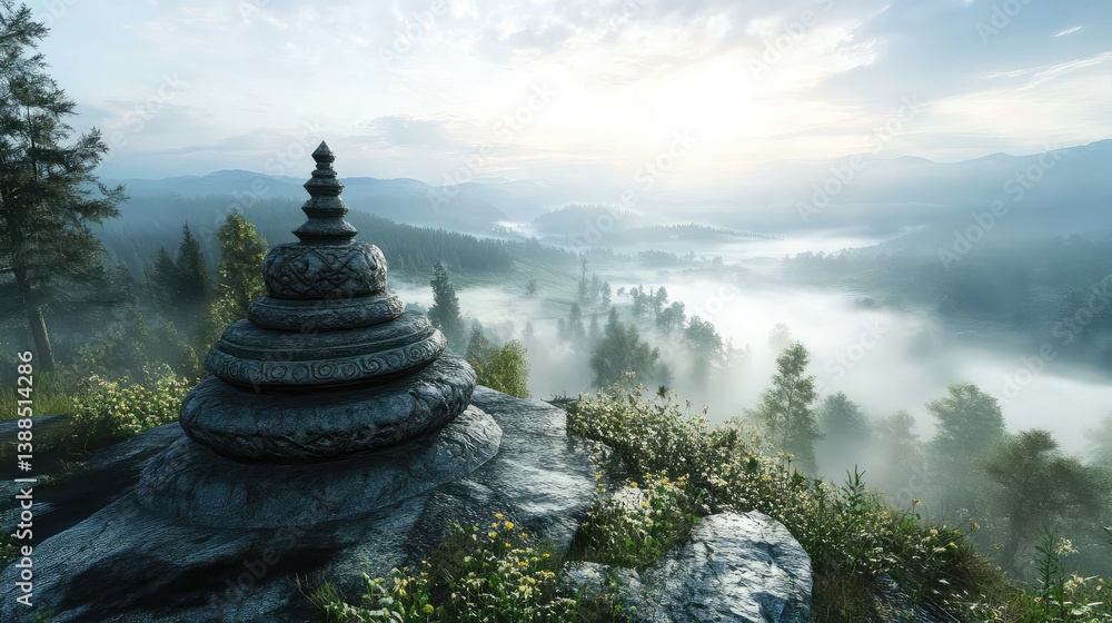 A stupa with detailed stonework, set against a foggy morning landscape with natural light filtering through and surrounding space