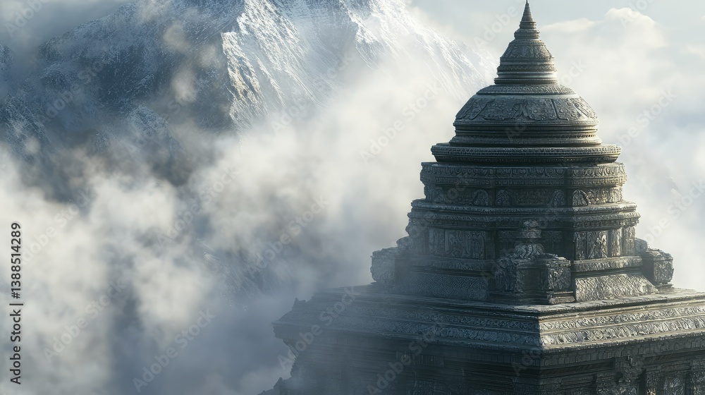 A stupa with detailed stonework, set against a foggy morning landscape with natural light filtering through and surrounding space