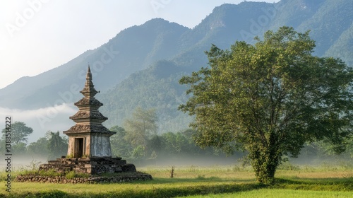 Obraz na płótnie A stupa under the soft light of early morning, misty mountains in the background, surrounded by trees and calm atmosphere w salonie