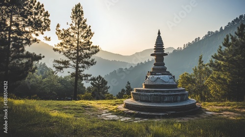 Obraz na płótnie A stupa under the soft light of early morning, misty mountains in the background, surrounded by trees and calm atmosphere w salonie