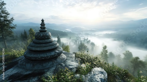 A stupa with detailed stonework, set against a foggy morning landscape with natural light filtering through and surrounding space