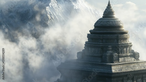Obraz na płótnie A stupa with detailed stonework, set against a foggy morning landscape with natural light filtering through and surrounding space w salonie