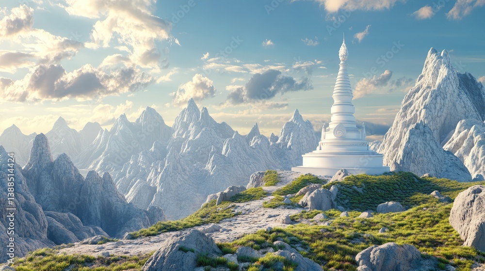 A white stupa standing tall against a rugged mountain backdrop, clear skies, and natural surroundings offering room for visual space