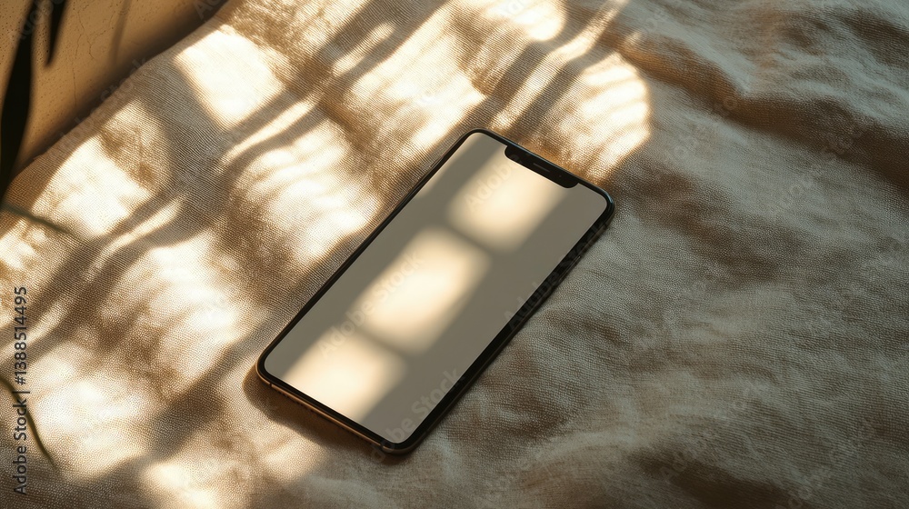 Black smartphone lying on a soft beige fabric with a natural window light casting shadows, empty screen for design presentation or advertising copy space