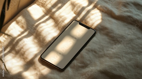 Black smartphone lying on a soft beige fabric with a natural window light casting shadows, empty screen for design presentation or advertising copy space