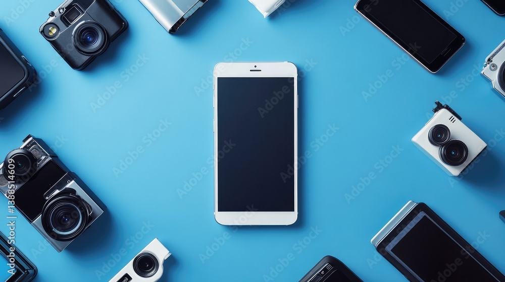 Blank smartphone on blue textured background with scattered tech gadgets, modern layout for technology or app design Blank smartphone on blue textured background with scattered tech gadgets, modern layout for technology or app design
