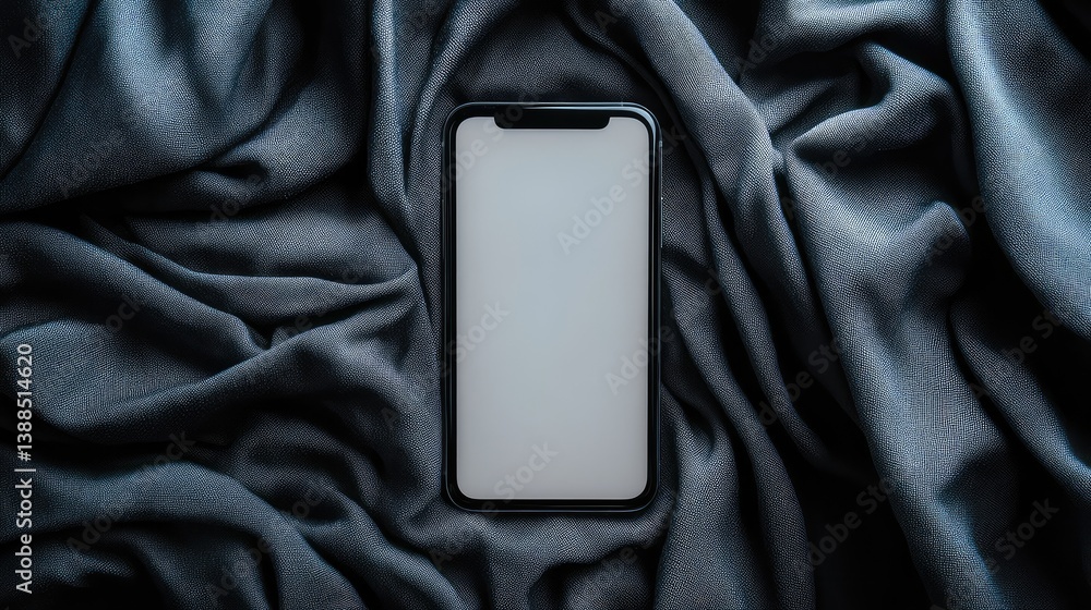 Blank phone touchscreen on dark fabric surface, minimal tech concept with dramatic lighting and clean copy space