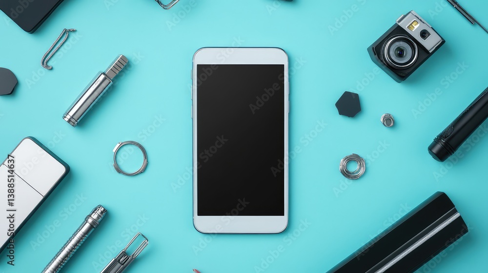 Blank smartphone on blue textured background with scattered tech gadgets, modern layout for technology or app design
