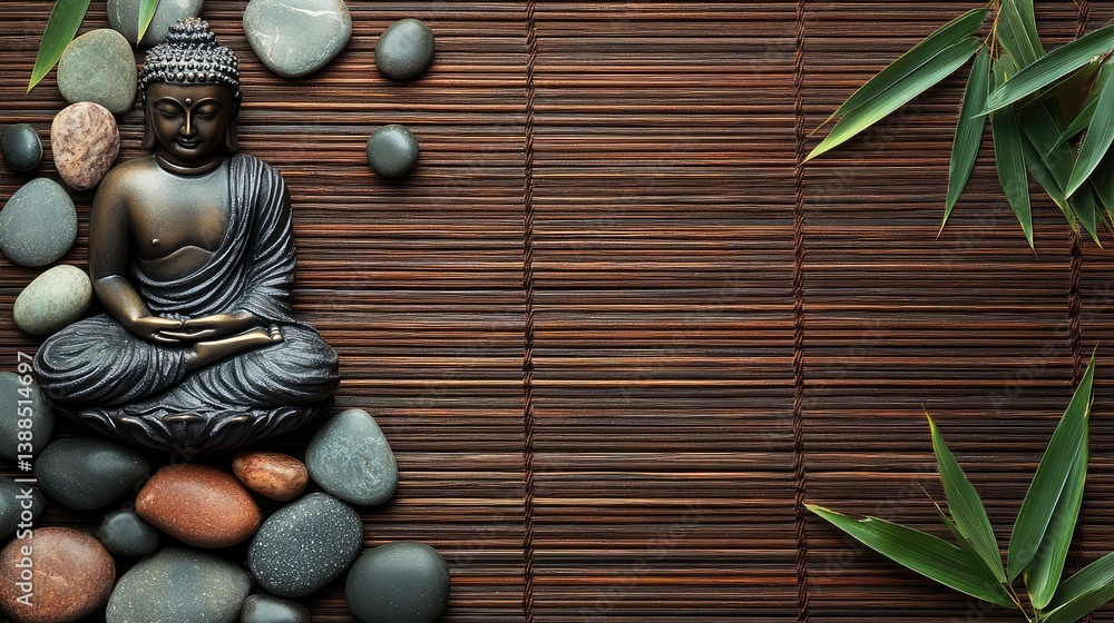 Bronze Buddha on bamboo mat with stones and leaves, spa or wellness theme background with copy space