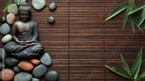Obraz na płótnie Bronze Buddha on bamboo mat with stones and leaves, spa or wellness theme background with copy space w salonie