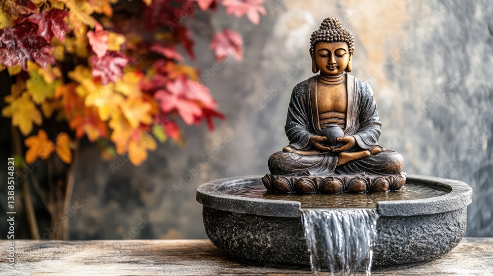 Buddha figure in lotus pose beside small water fountain, home meditation corner with clean copy space