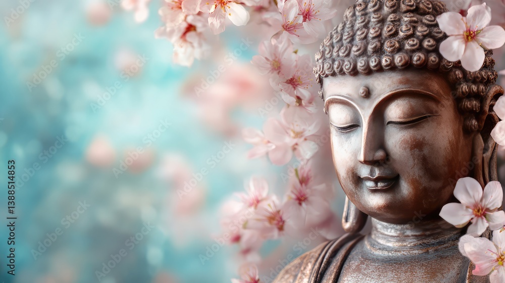 Buddha figure surrounded by cherry blossoms, spring nature atmosphere with tranquil light and copy space