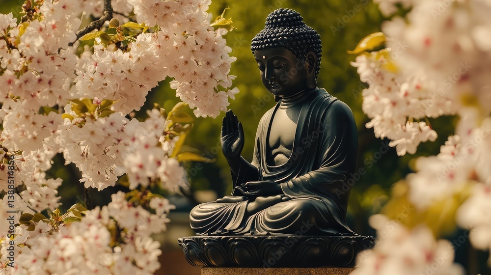 Buddha figure surrounded by cherry blossoms, spring nature atmosphere with tranquil light and copy space