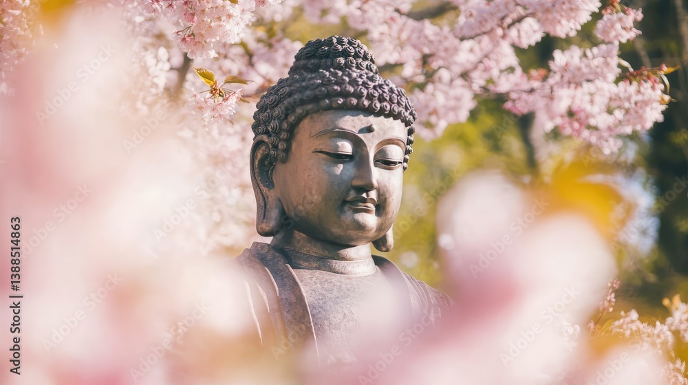 Buddha figure surrounded by cherry blossoms, spring nature atmosphere with tranquil light and copy space