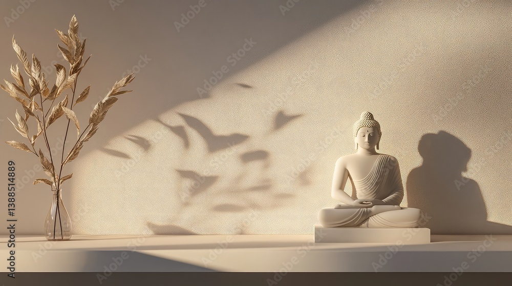 Buddha figurine on clean shelf with neutral wall behind, simple modern home decor with minimalist space