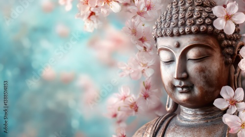 Obraz na płótnie Buddha figure surrounded by cherry blossoms, spring nature atmosphere with tranquil light and copy space w salonie