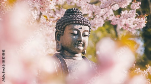 Obraz na płótnie Buddha figure surrounded by cherry blossoms, spring nature atmosphere with tranquil light and copy space w salonie