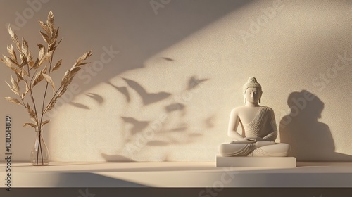 Obraz na płótnie Buddha figurine on clean shelf with neutral wall behind, simple modern home decor with minimalist space w salonie