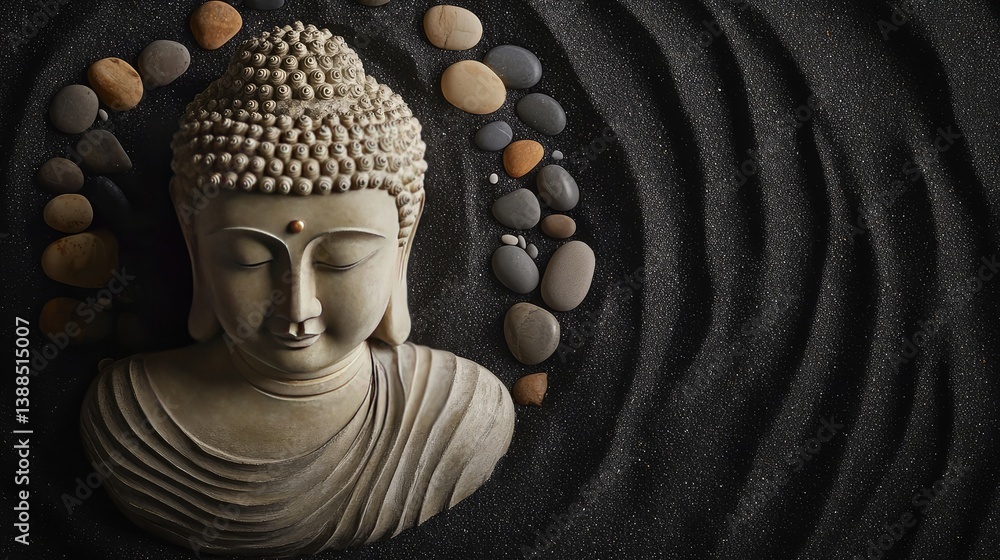 Buddha sculpture placed on black sand with small pebbles, top view with minimalistic Zen layout and space