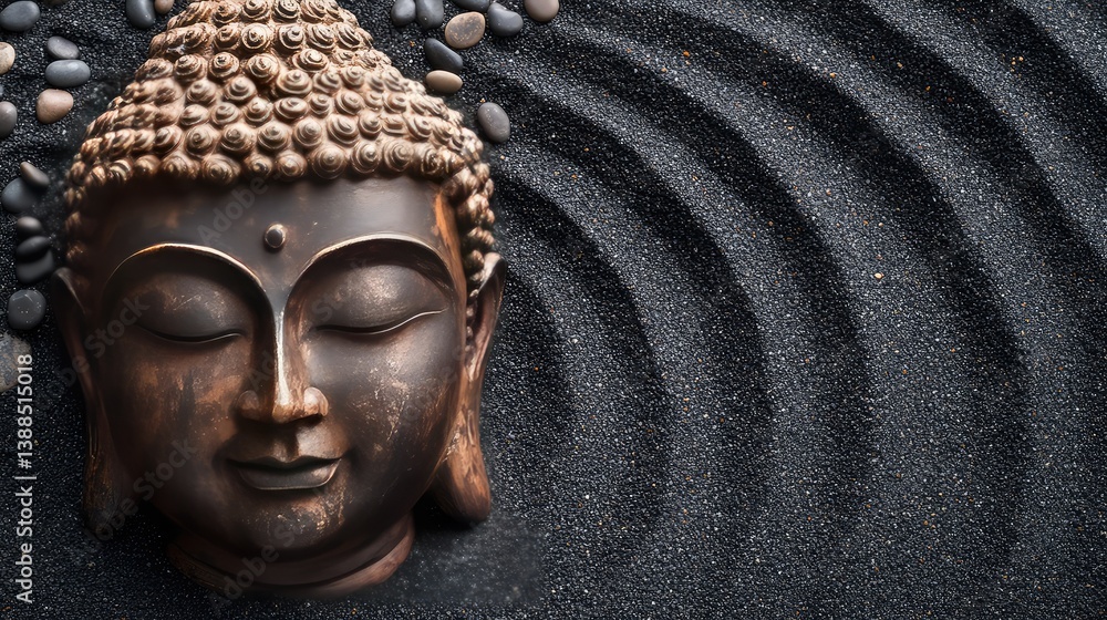 Buddha sculpture placed on black sand with small pebbles, top view with minimalistic Zen layout and space
