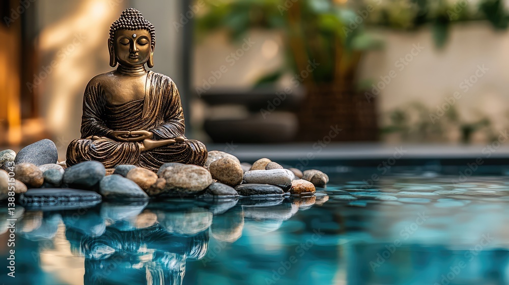 Buddha statue beside Zen fountain with smooth pebbles, spa-like composition with tranquil copy space